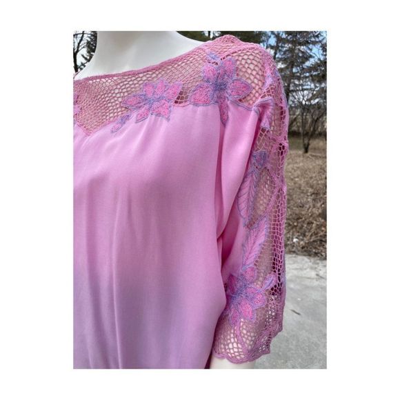 SOLD Vintage | 80s Dolman Sleeve Top Pink Purple Floral Lace 3/4 Sleeve L/XL - Picture 3 of 15